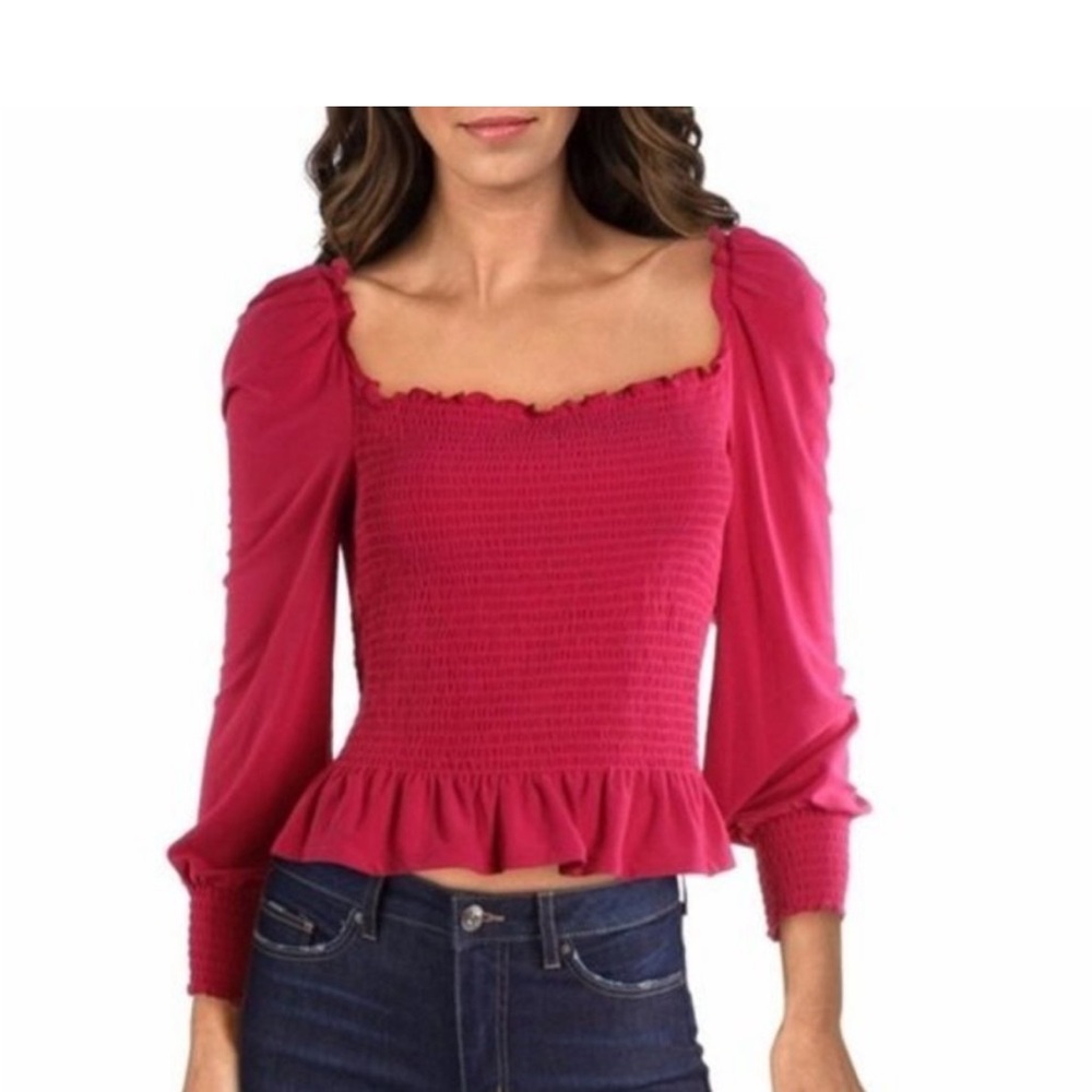 Bar III Pink Smocked Peplum Blouse with Puff Sleeves